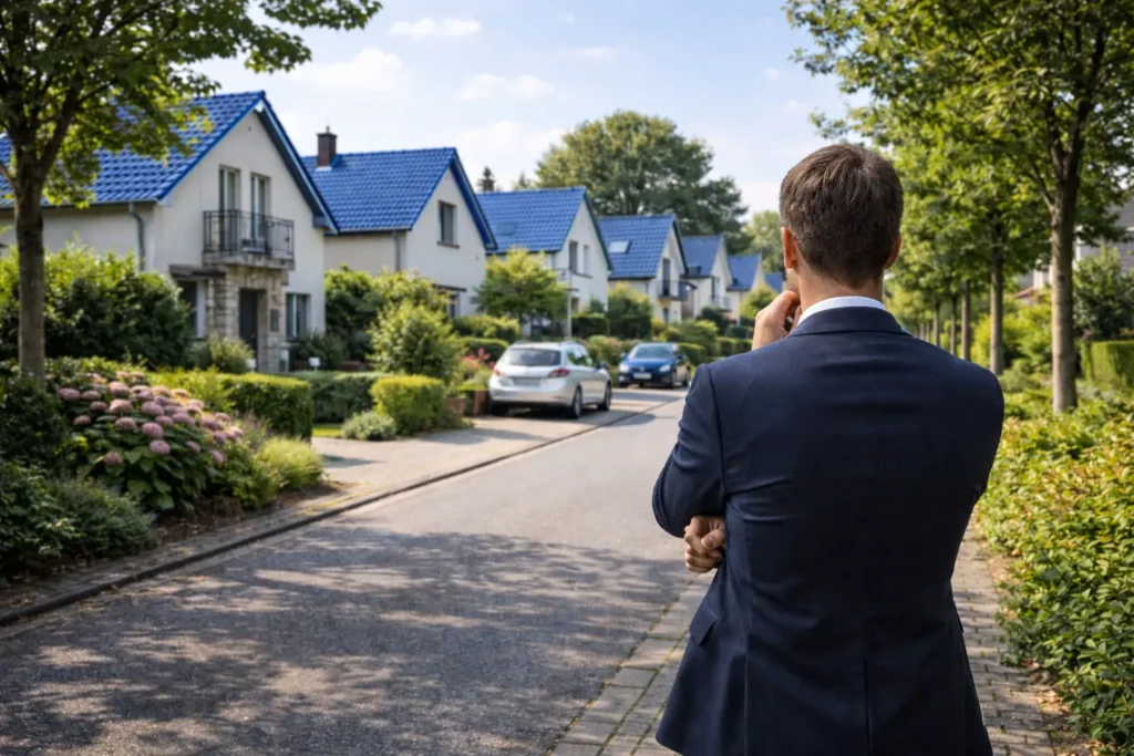Stojící makléř v ulici přemýšlí nad tržní cenou nemovitosti