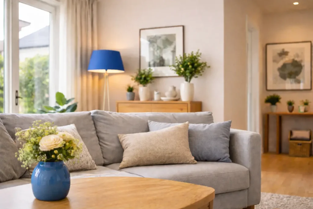 Připravený světlý obývací pokoj před prodejem nemovitosti s modrou lampou a upraveným interiérem