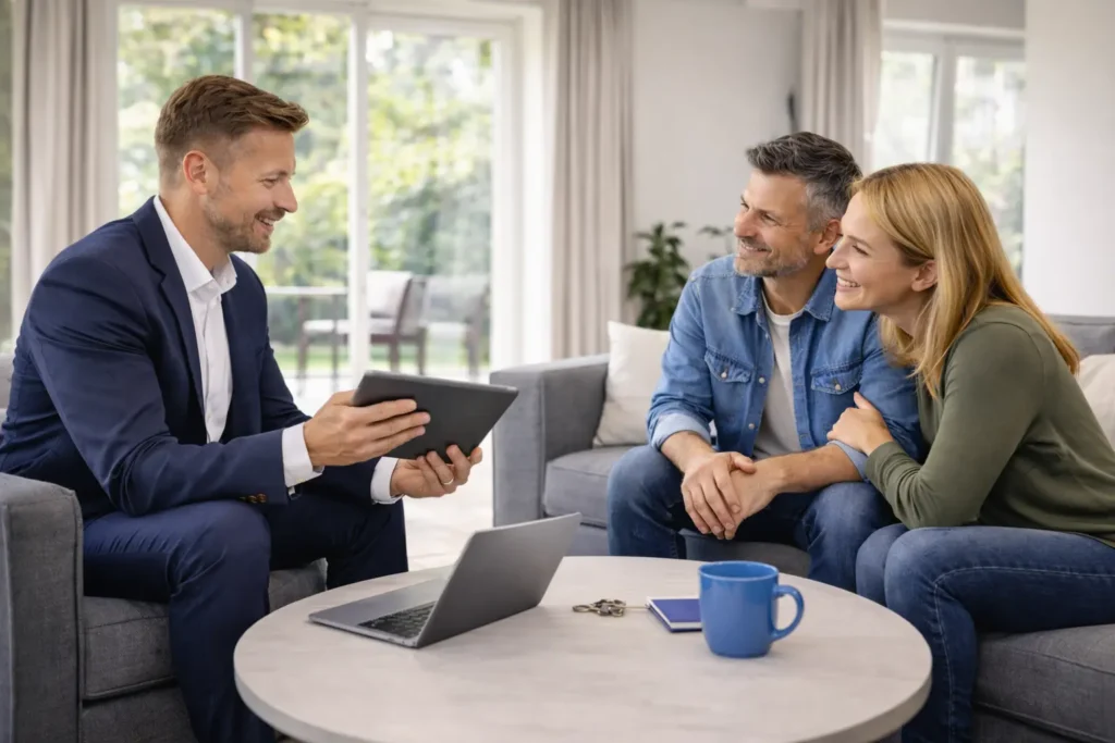 Prodávající a realitní makléř diskutují postup prodeje nemovitosti před výlohou realitní kanceláře s nabídkou domů