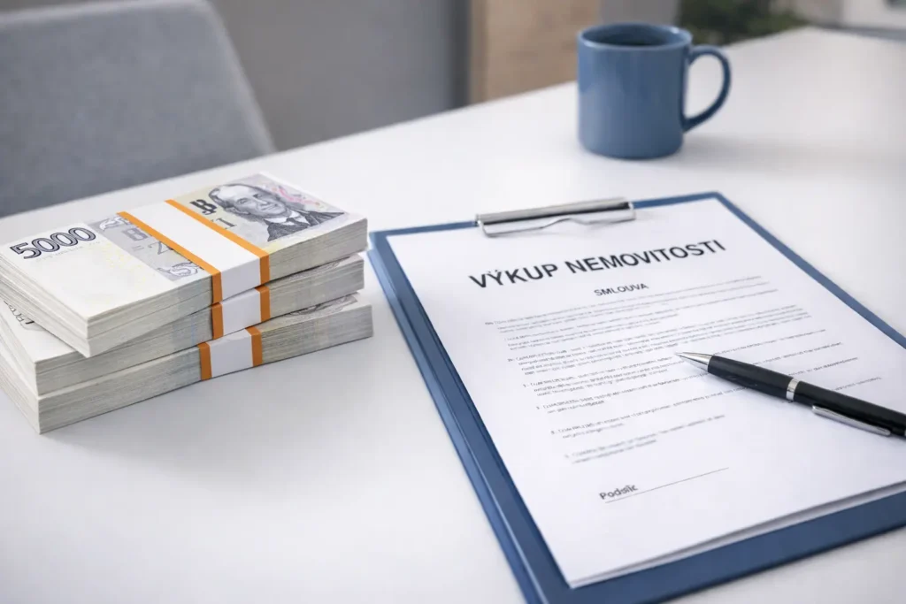 Výkup nemovitosti – ilustrace podpisu smlouvy a předání peněz při prodeji nemovitosti